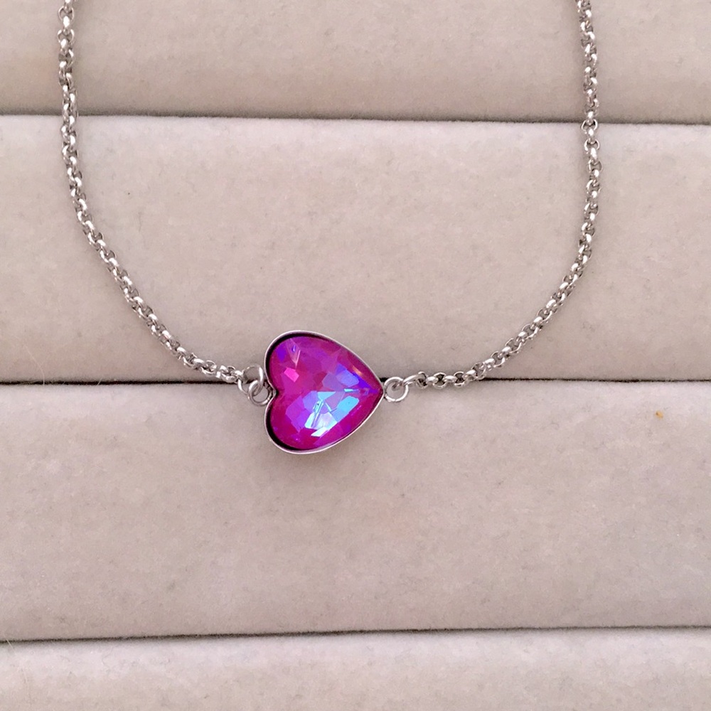 Fuchsia Aurora Borealis + Stainless Steel Adjustable Crystal Heart Boho Bracelet - Picture 3 of 7